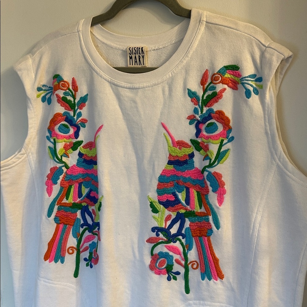 Sister Mary white tunic sweater dress sleeveless Embroidered pockets beach XS - Picture 2 of 6
